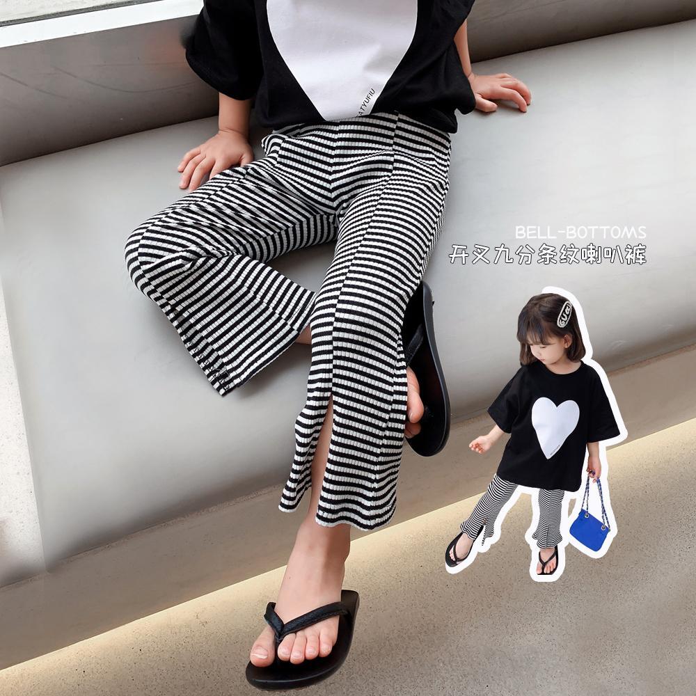 Barnbyxor Sommar Koreansk Flicka Baby Sommar Wide-leg Nio-punkts Byxor Randiga Bell Bottom Byxor