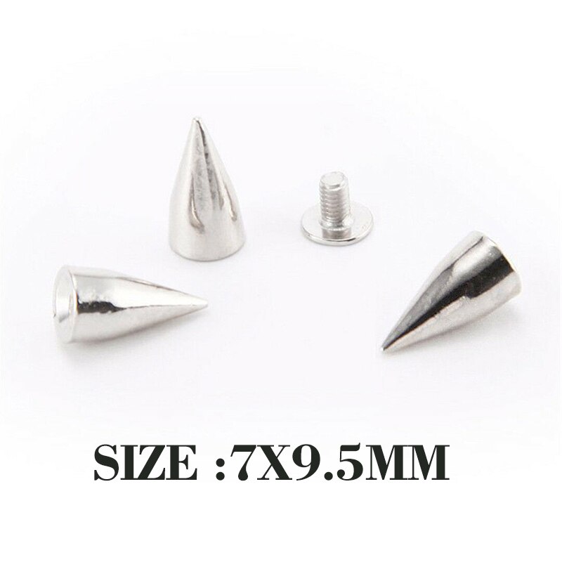 50 Uds. Tachuelas cónicas de Metal plateado de 9,5mm remache de punto de bala tornillo remachado prenda para ropa bolsa zapatos cuero DIY artesanía