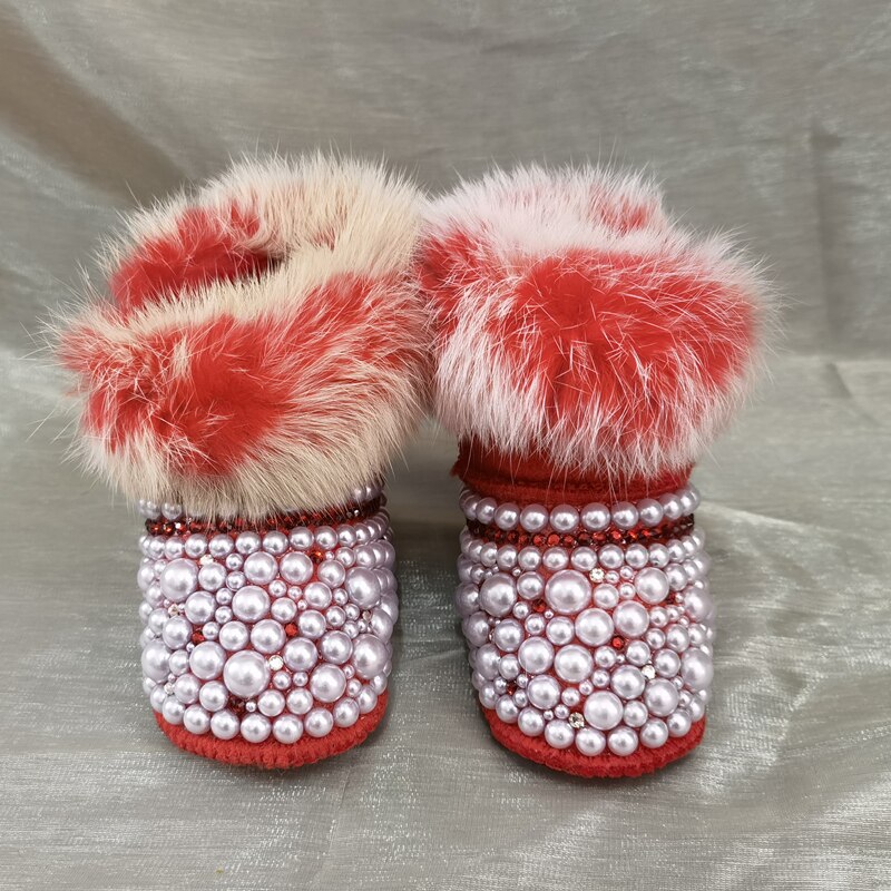 Dollbling Crystal Diamond Baby Snow Boot Warm Furry antiscivolo Bling strass perle regalo ricordo scarpe fatte a mano: red / 6-12m(4.72inch)