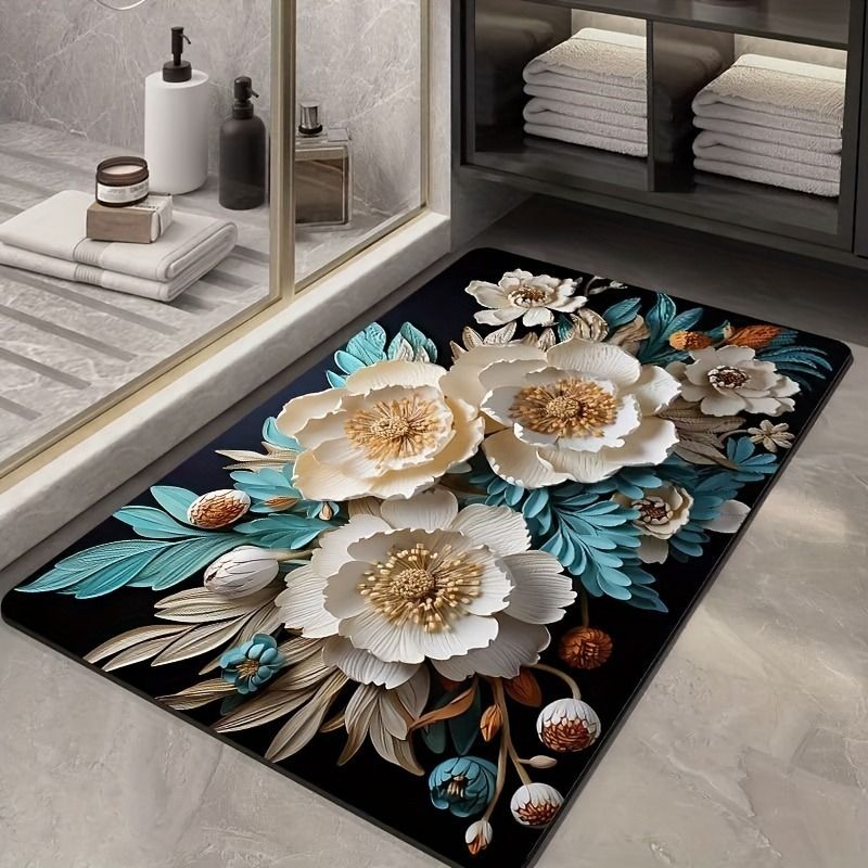 Alfombra de baño con patrón 3d de flores, alfombrilla antideslizante superabsorbente para cocina y baño, almohadilla de barro para pies, decoración de habitación del hogar, alfombras de entrada: Negro / 400 mm x 600 mm