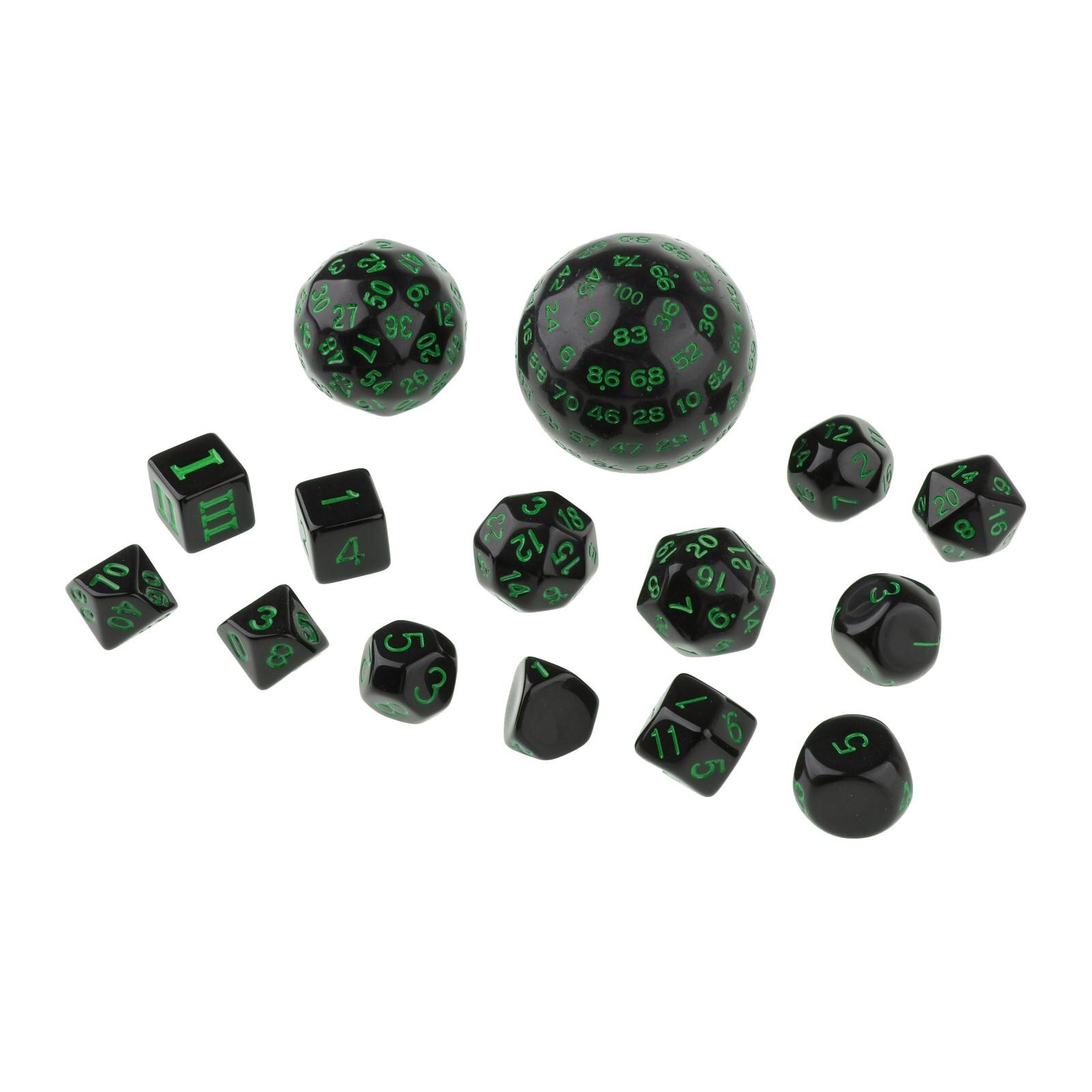Lot de 15 dés numériques multi-faces en acrylique, D100 D60 D30 D24 D20 D16 D12 D10 D8: Green
