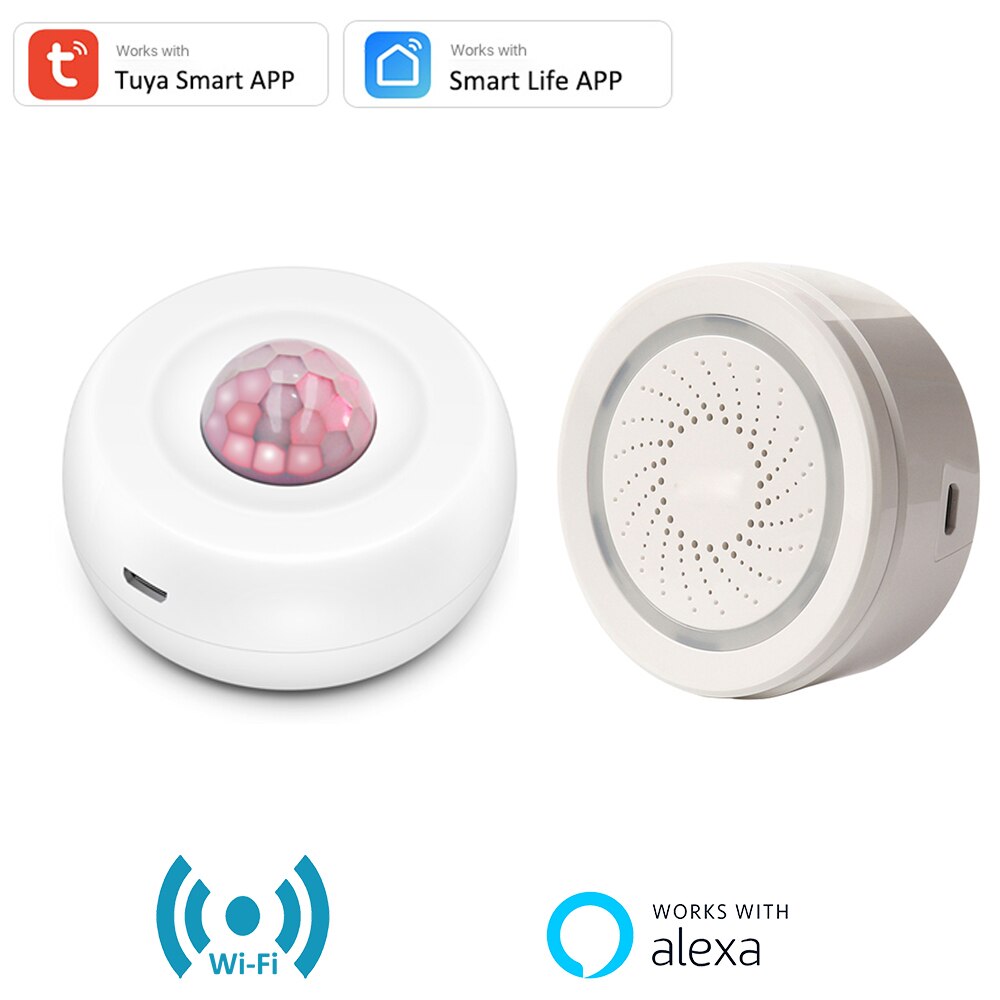 Tuya Smart APP Control WiFi USB Power Motion Sensor Detector Wireless Battery PIR Detector Movement Sensor Alexa APP Routine Set: PIR Siren