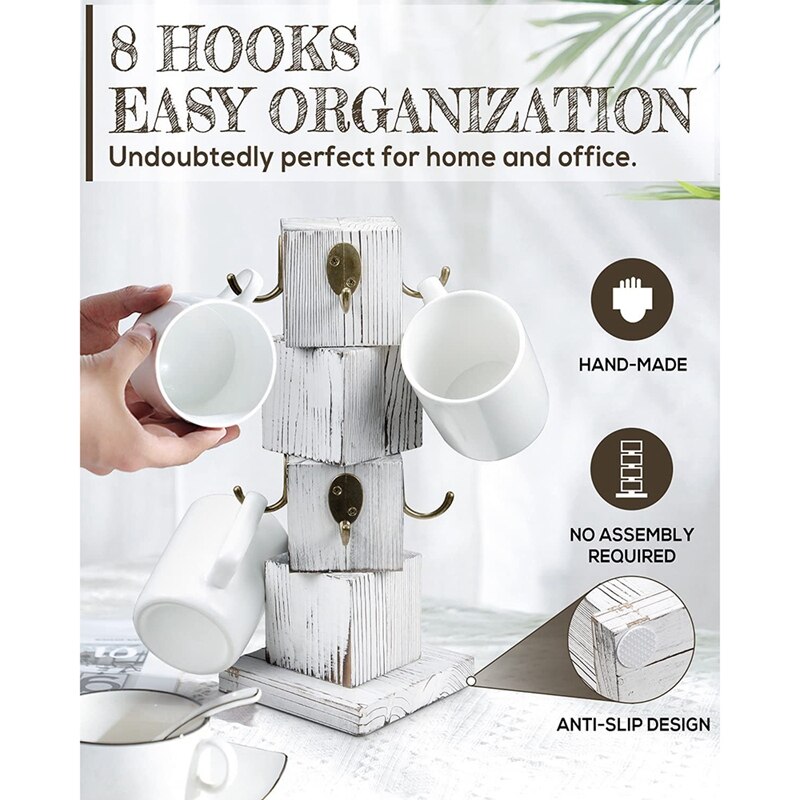 Coffee Cup Holder, Rustic Solid Wood Mug Tree, Farmhouse Wooden Coffee Cup Holder, Old Mug Holder