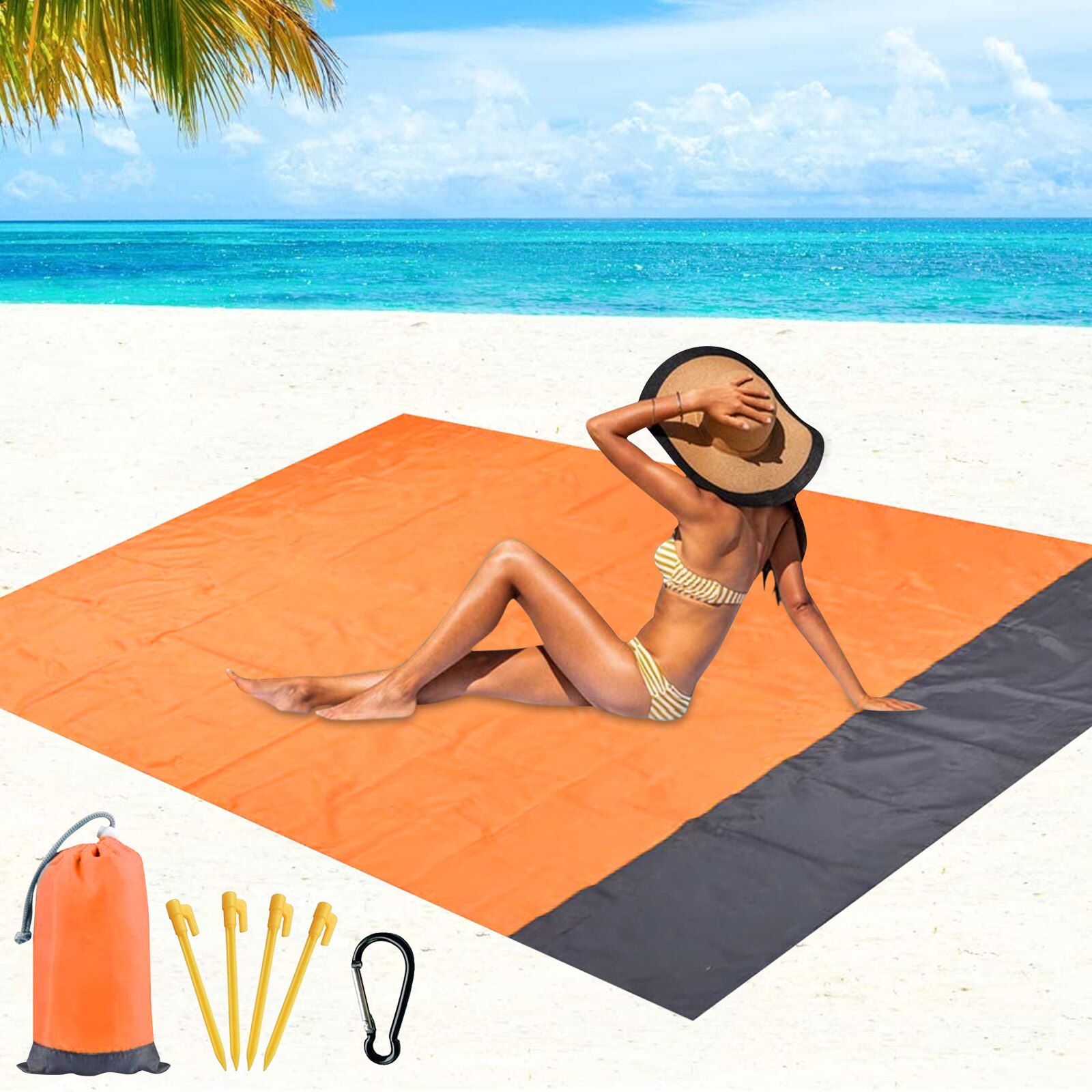 Coperta da spiaggia portatile impermeabile a prova d'umidità stuoia da Picnic all'aperto con borsa picchetti moschettone per campeggio spiaggia escursionismo 79x83in: Orange