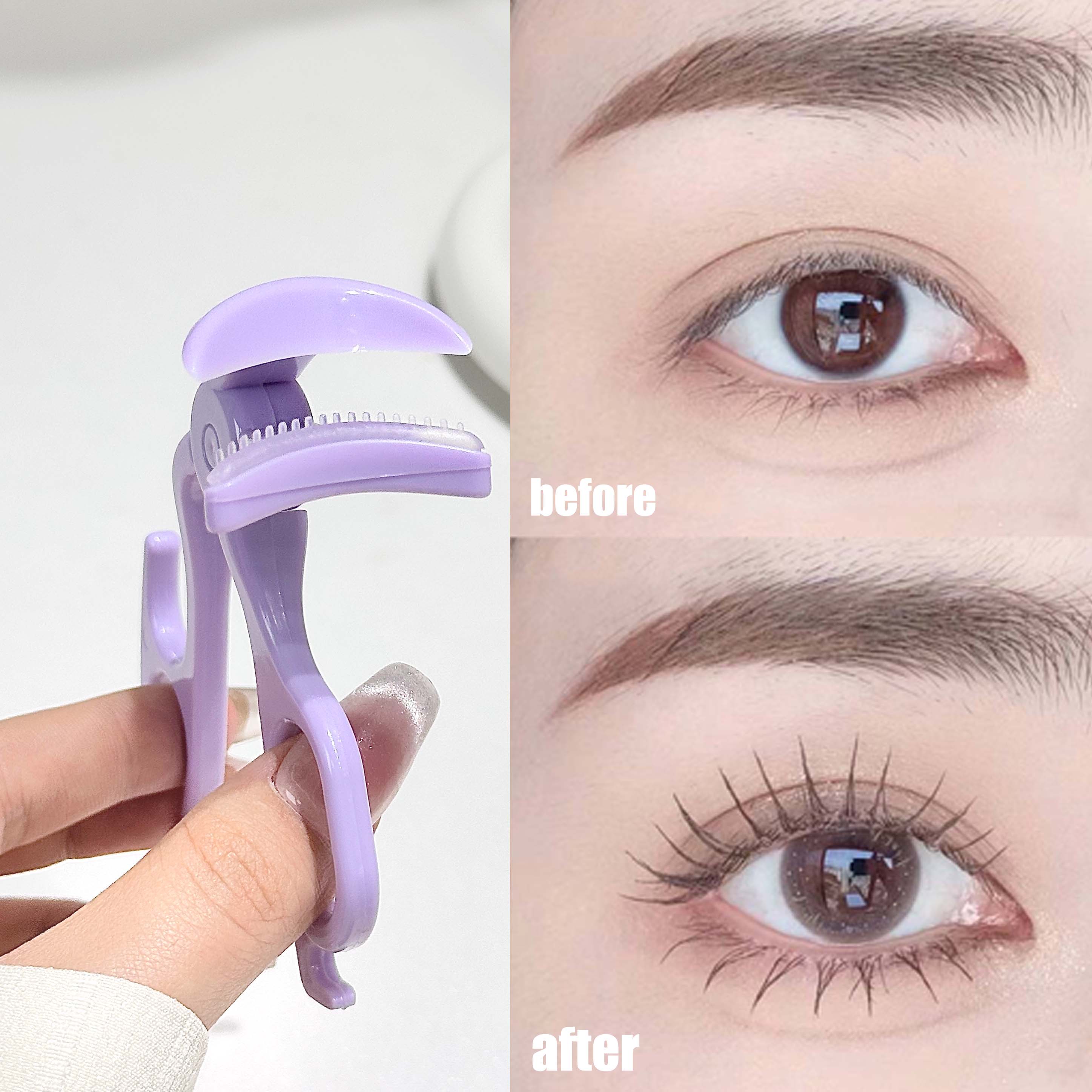 Rizador de pestañas con peine de dientes sin marco para rizar y dar forma a las pestañas naturales herramienta para rizar pestañas gran angular herramienta de maquillaje de ojos: Morado