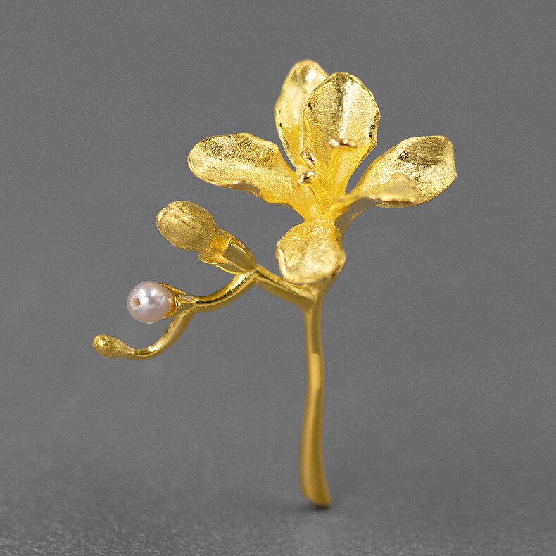 Inature 925 Sterling Zilveren Freesia Bloem Broches Voor Vrouwen Natuurlijke Parel Bruiloften Casual Kantoor Broche Pins: Gold