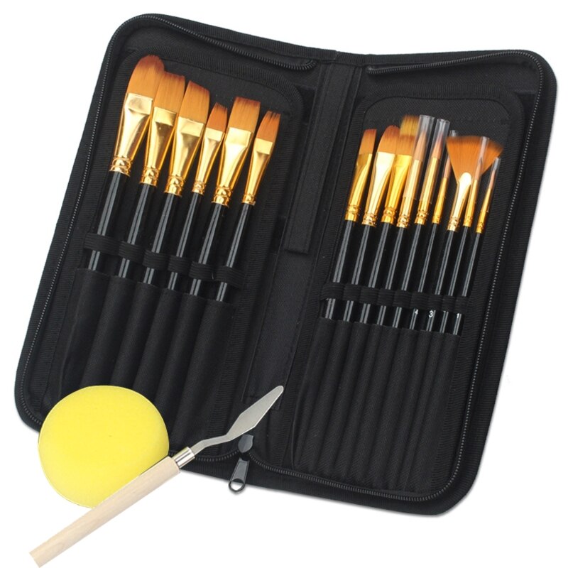 Set van 15 olieverfkwasten, zwarte canvas tas met rits, schraper, spons en opbergdoos, aquarel-acrylpalet: Door