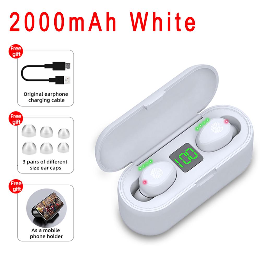 F9 TWS Wireless Headphones Bluetooth 5.0 Earphone HIFI In-ear Headset Earphones Stereo Earbuds for iOS/Android Phones HD Call: 2000mAh white