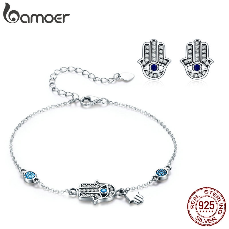 Bamoer Authentieke 925 Sterling Zilver Hand Van Fatima Link Armbanden Voor Vrouwen & Oorbellen Sieraden Sets Luxe Sieraden ZHS109