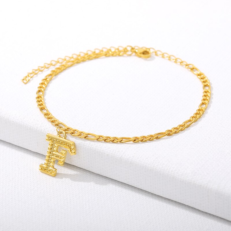 Initial Fußkettchen Armbänder Für Frauen Edelstahl Alphabet Ankle Armband Auf Die Bein A-Z Brief Gold Kette Fuß boho Schmuck: F