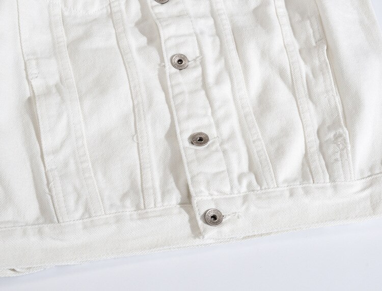 Chaqueta vaquera holgada de manga larga para hombre, abrigos con agujeros, color blanco, para primavera y otoño