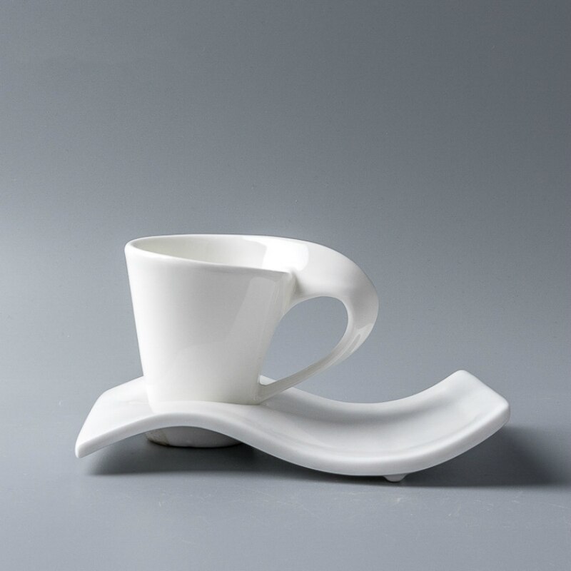 Modern Pure White Cafe Espresso Coffee Cup With Saucer Chinese Porcelain Wave cappuccino Expresso Mug Set Teacup