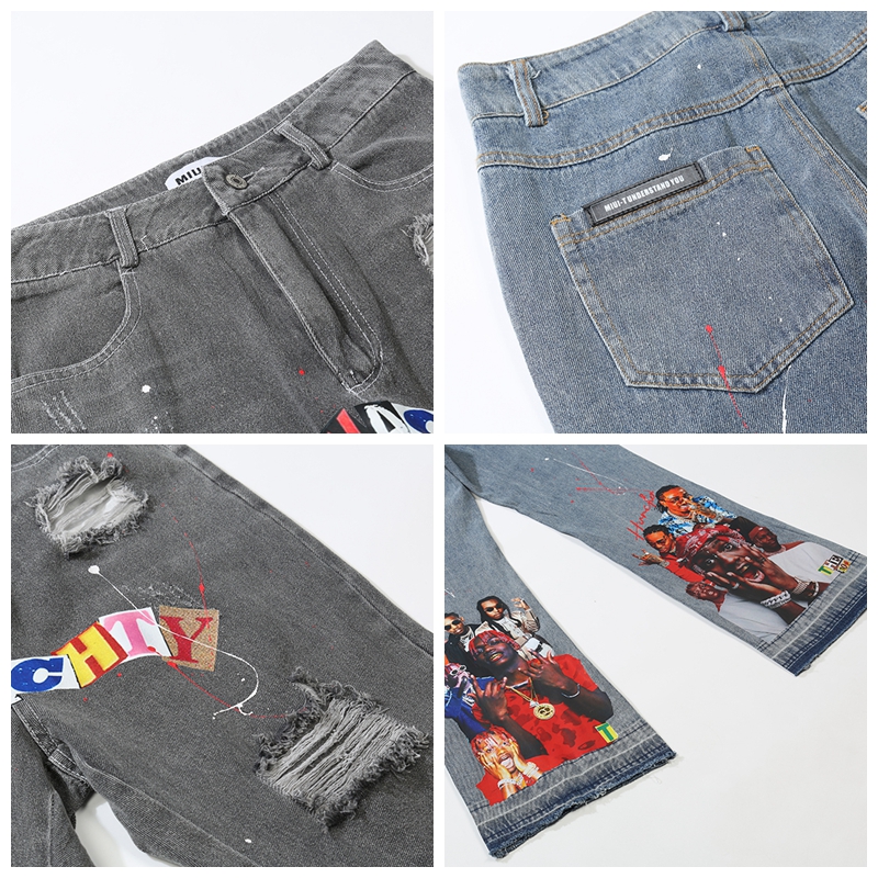 Pantalones vaqueros desgastados con estampado de salpicaduras para hombre y mujer, ropa de calle de retales de Hip Hop, corte de bota, lavado pesado, rasgados, ajustados