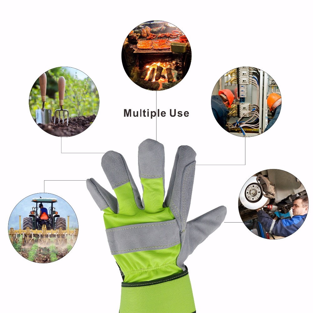 KIM YUAN 004 Leather Green Security Work Gloves, Anti-slippery & Dirt-resistant, for Gardening/Construction/Outdoor, Men&Women