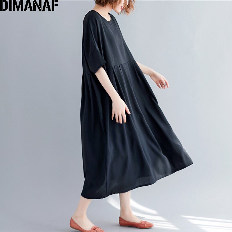 DIMANAF vestido para mujer en tallas grandes negro verano estilo Casual vestido de gran tamaño mujer dama Vestidos de algodón vestido básico 5XL