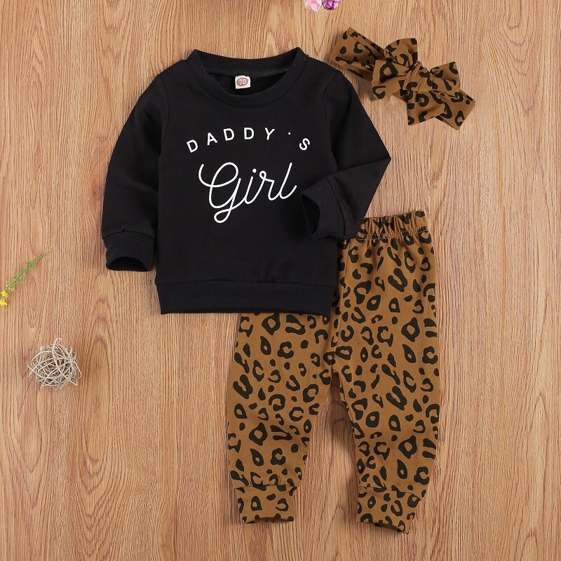 Spædbarn børn baby piger 3 stk outfit sæt langærmet brev t-shirt leopard bukser pandebånd forår efterår tøj