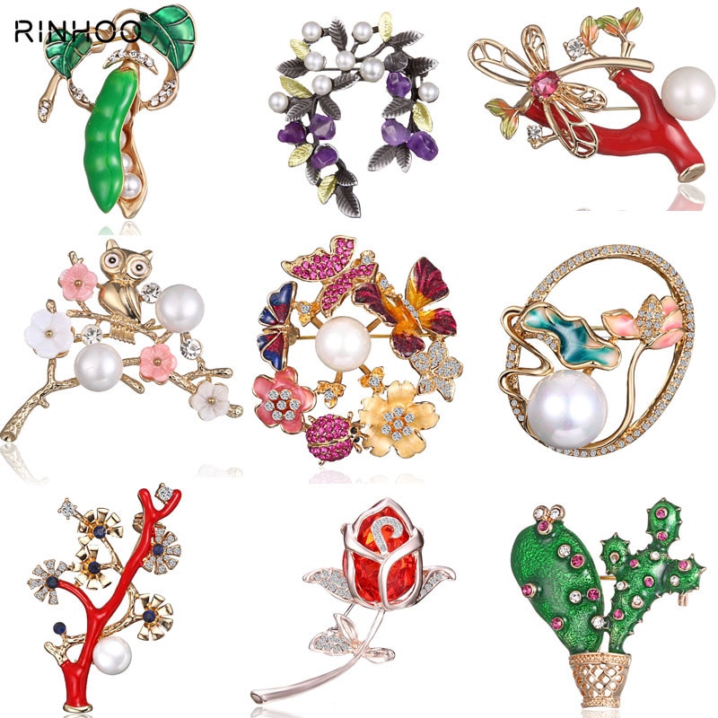 Spring Tree Rose Flower Cactus Plant Butterfly Brooch Pin Crystal Rhinestone Imitation Pearl Brooches Women Jewelry Boutonniere