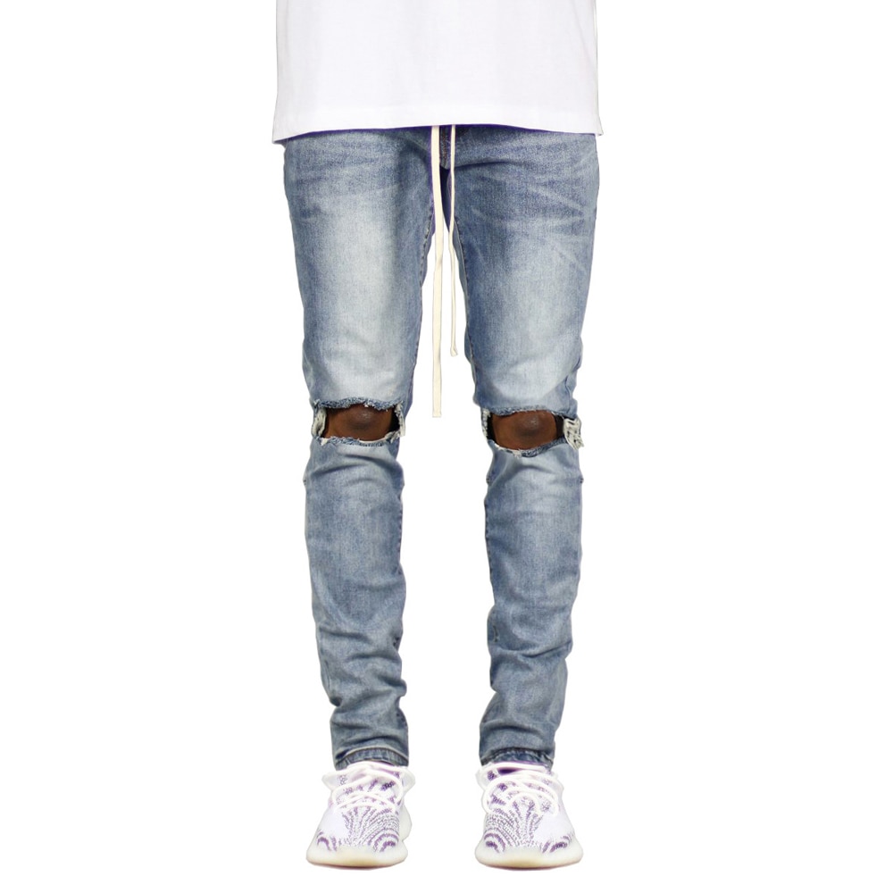 Men's Ripped Side Ankle Zipper Skinny Stretch Jeans