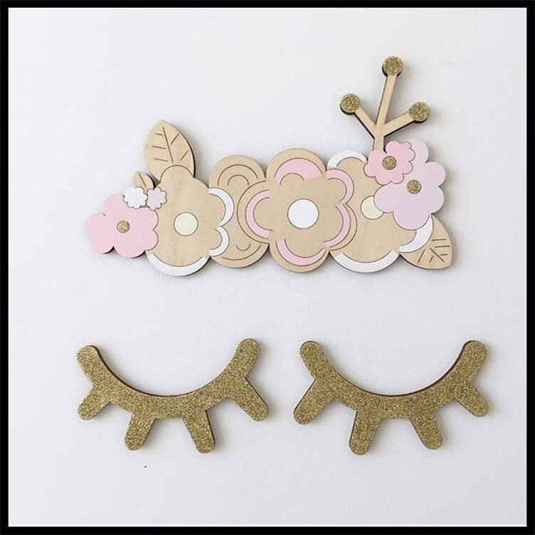 Een Paar Nordic Stijl 3D Wimpers Houten Wimper Muurstickers Kinderen Babykamer Achtergrond Muurstickers Home Decoratieve: Shining gold