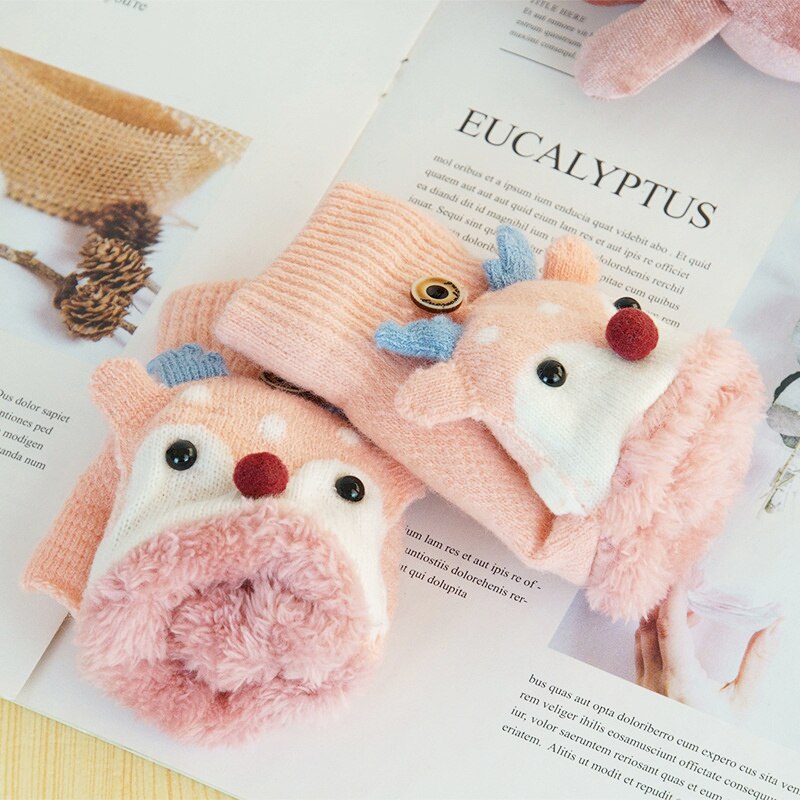 Mitaines de renne de dessin animé pour enfants, hiver , Plus velours, gants tricotés pour bébés filles de 1 à 8 ans: Pink