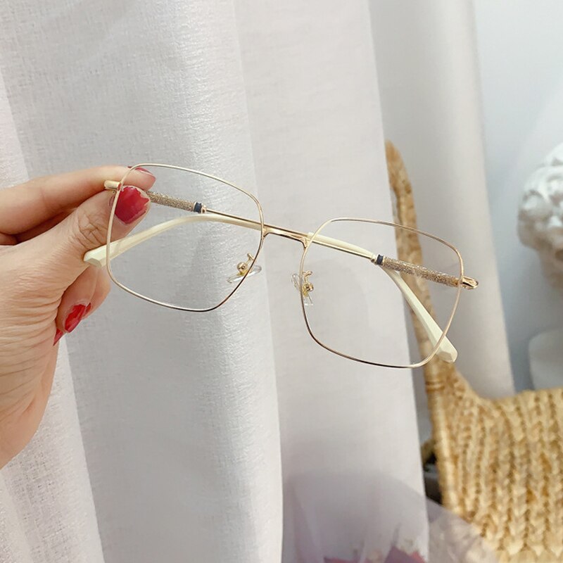 Anti-blue light crystal shiny leg women's glasses alloy square pink gold eyeglasses female computer eyewear: white clear