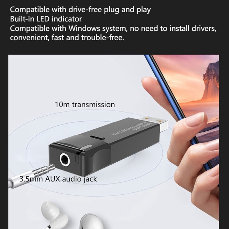 Driver-Free USB Bluetooth 5.3 Audio Transmitter, for Game Console PS4/5, Computer, Compatible with Windows XP/7/8/10