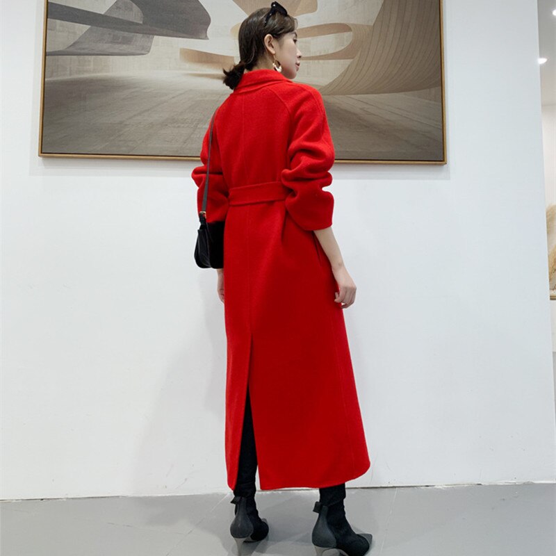 Manteau Long en laine rouge pour femme, haut de gamme, coréenne, ceinture, Slim, Double face, en cachemire, col , collection automne hiver 2022