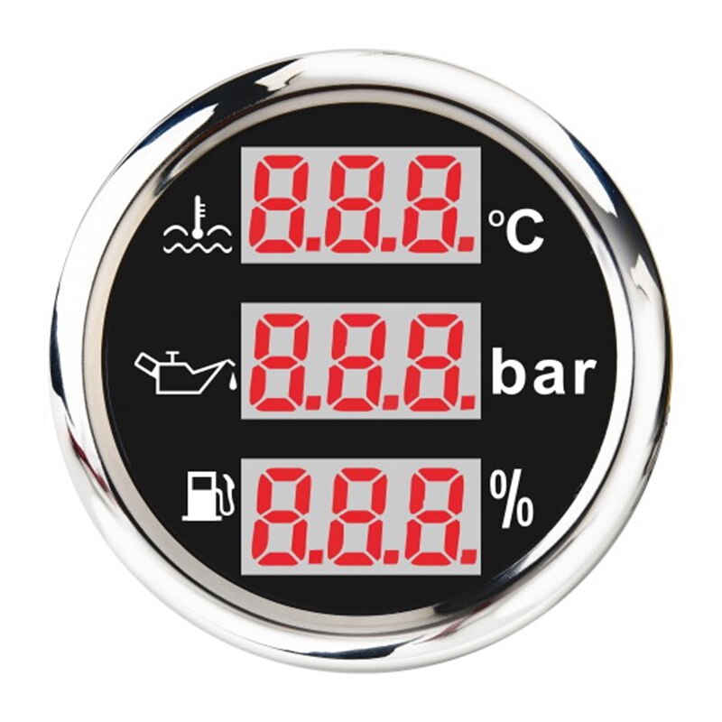Universal 52mm 3 in 1 Multi-Function Digital Gauge Waterproof Water Temp Oil Pressure Fuel Level Gauge with Alarm: Black