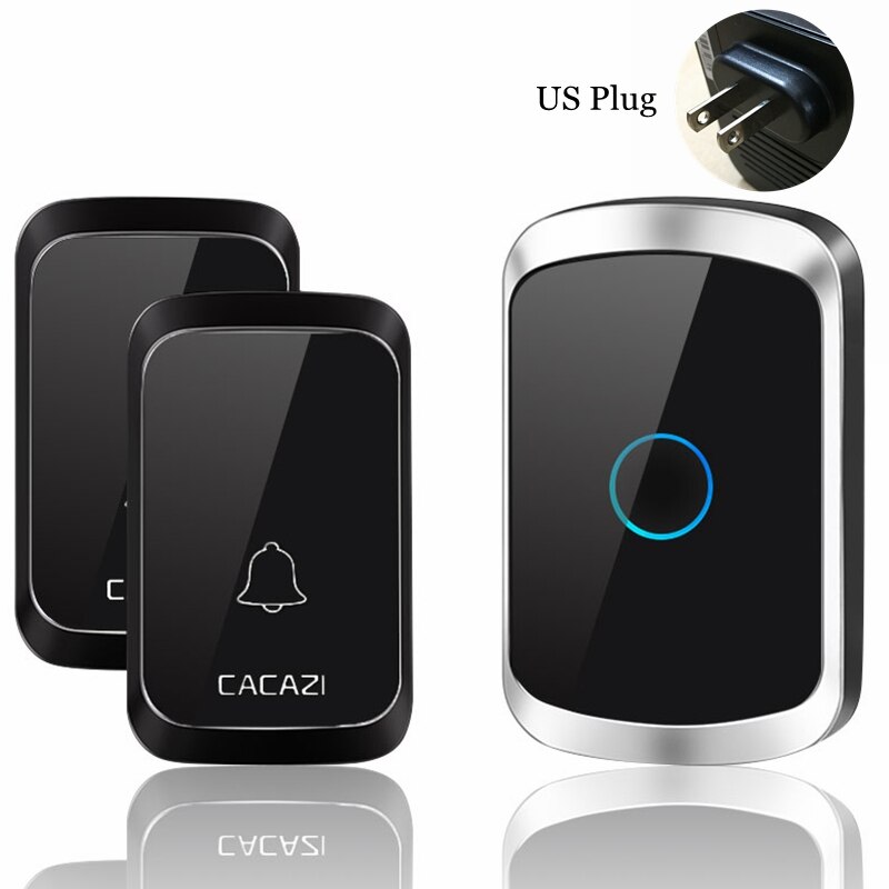CACAZI Intelligent Wireless Doorbell Waterproof 2 Button 1 Receiver Home LED Light Battery Calling Bell Chime US EU UK AU Plug: black 2x1 US