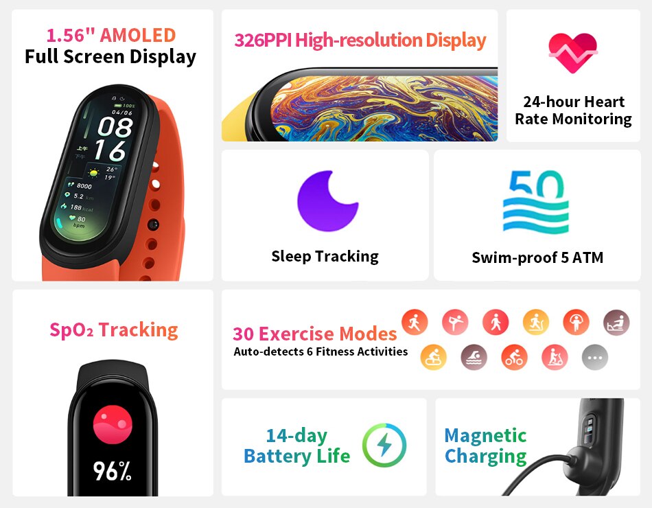 Xiaomi-pulsera inteligente Mi Band 6, accesorio deportivo resistente al agua hasta 5atm, con Pantalla AMOLED de 1,56 pulgadas, control del ritmo cardíaco, Bluetooth y NFC