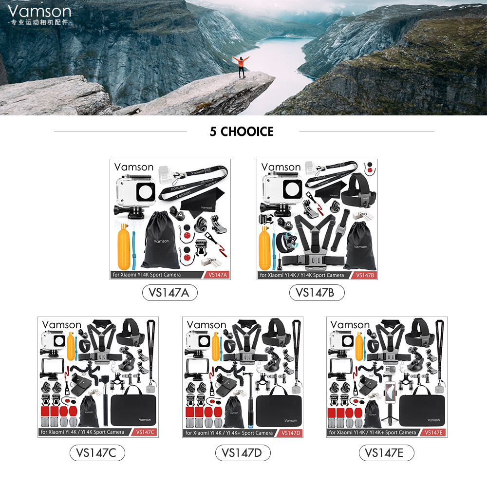 Kit de accesorios Vamson para Xiao YI 4 K, conjunto de trípode monopié con correa para trucos en la cabeza, adaptador de montaje para YI 4K + para cámara YI Lite VS147