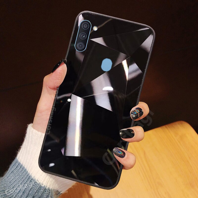 A11 caso de diamante glitter para samsung galaxy a11 moda brilhante espelho triângulo losango capa: Black