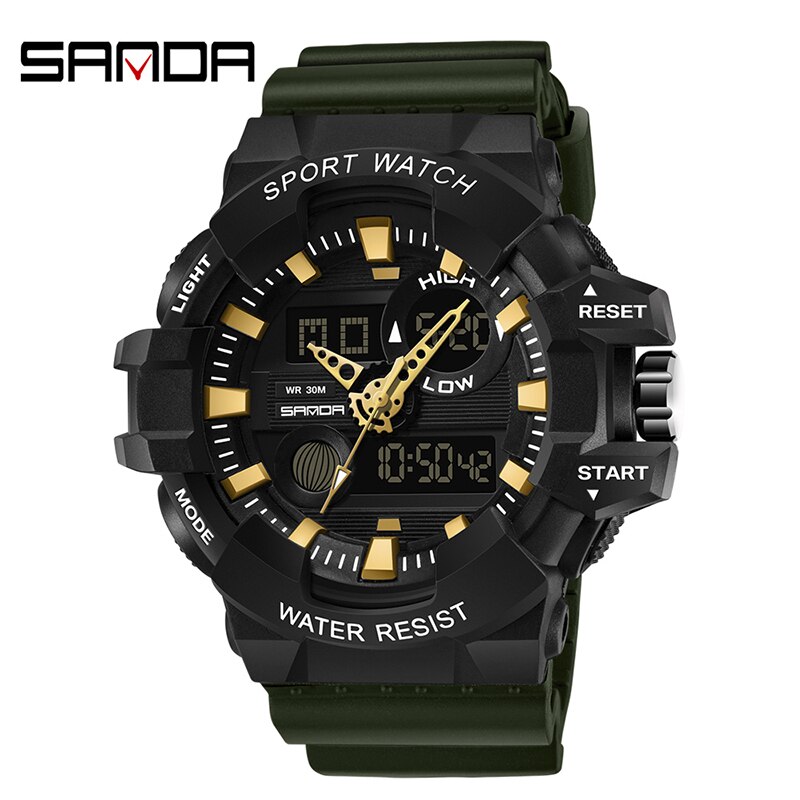 Sanda heren elektronisch horloge waterdicht lichtgevend sporthorloge heren elektronisch digitaal horloge relogio digital montre homme: Zwart legergroen