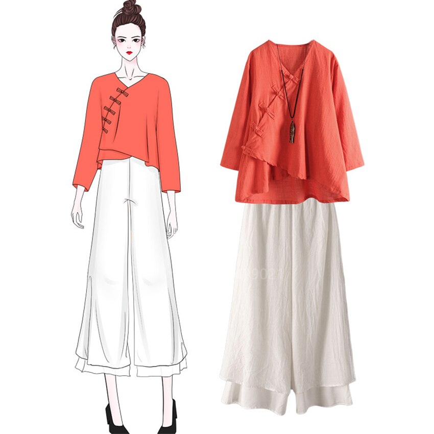 Traditional Chinese Women Tops Retro Casual Solid Linen Tea Set Breathable Tai Chi Hanfu Full Sleeve Buckle Tops Trousers