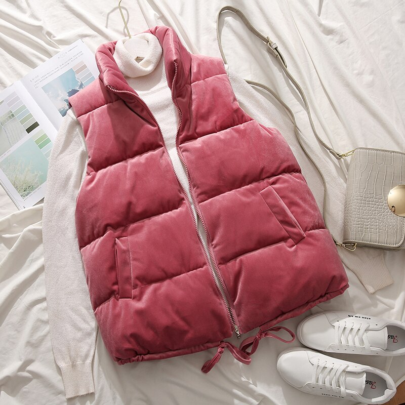 Gilet sans manches en duvet de coton rembourré pour femme, veste chaude d'hiver, col Mandarin,: Corail Rouge / XXL