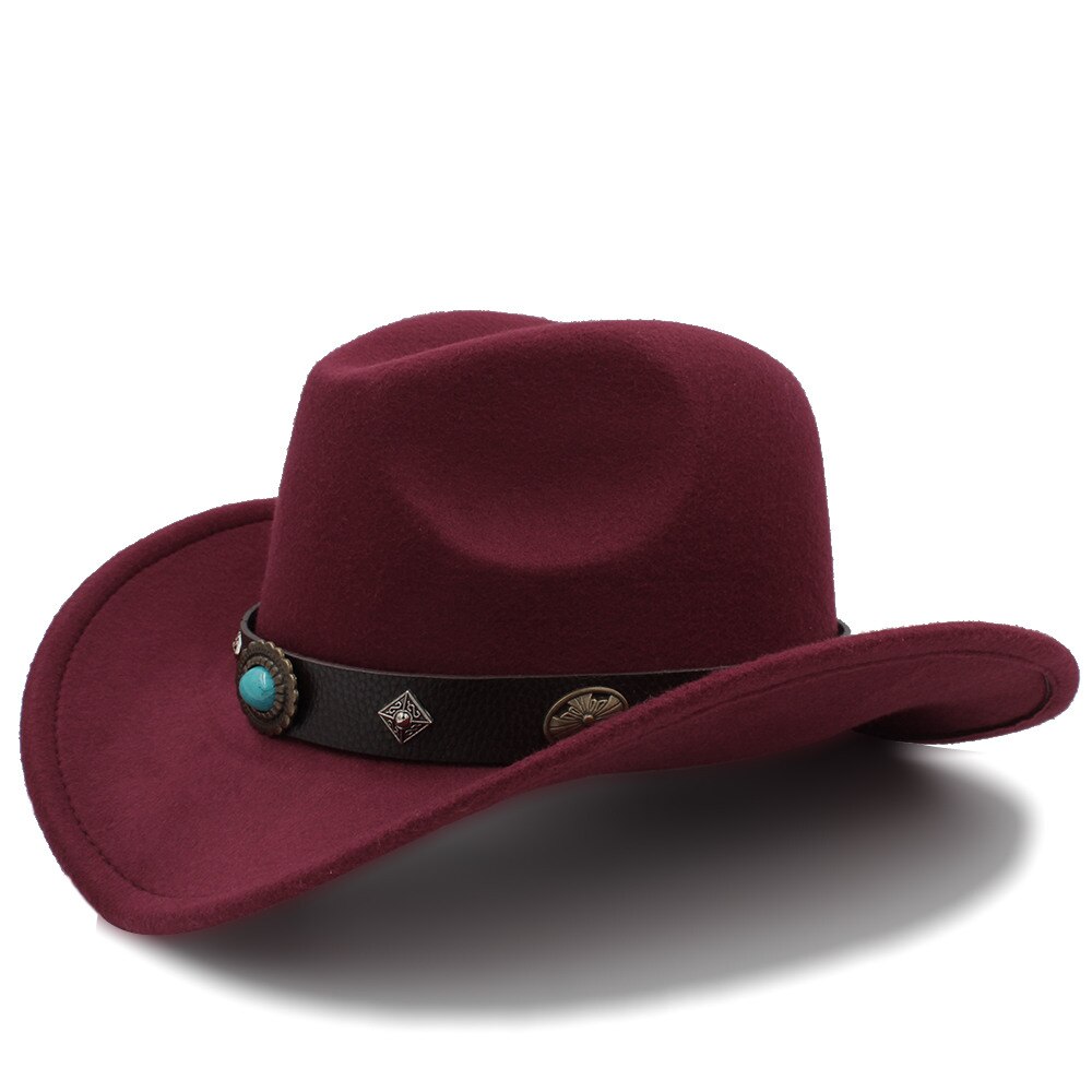 100% lana Sombrero de Cowboy del oeste para hombres Otoño Invierno Jazz ecuestre Sombrero Hombre Steampunk Sombrero tamaño de tapa 56-58cme: Wine red