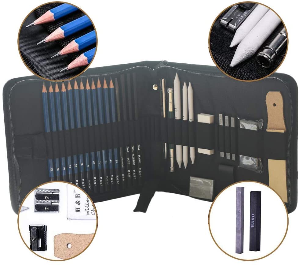 33pcs Art Drawing Sketching Pencil Set Includes Sketch Pencils, Graphite Charcoal Sticks in Zipper Case, Best for Students