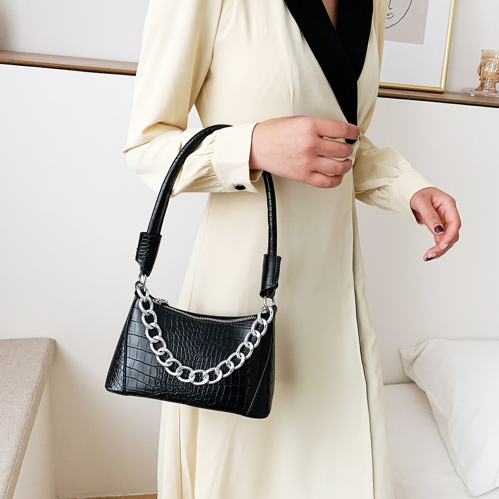 Dikke ketting kleine pu leren schoudertassen voor dames, handtassen met krokodillenmotief voor reizen