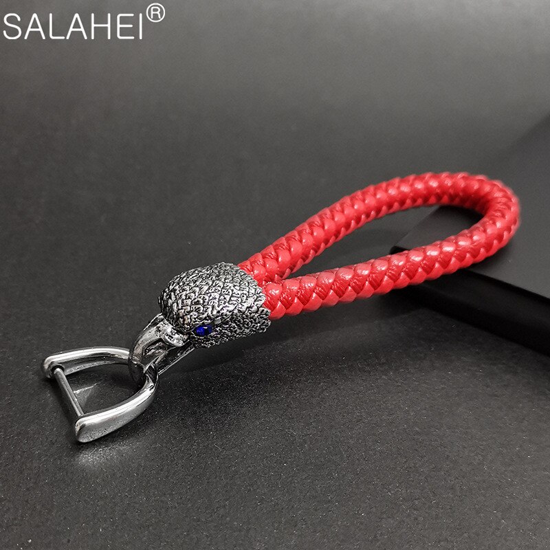Animal Eagle Head Keychain Horsebuckle Leopard Head Metal Key Chain Luxury Car Keyring Hand Woven Jewelry: B-red