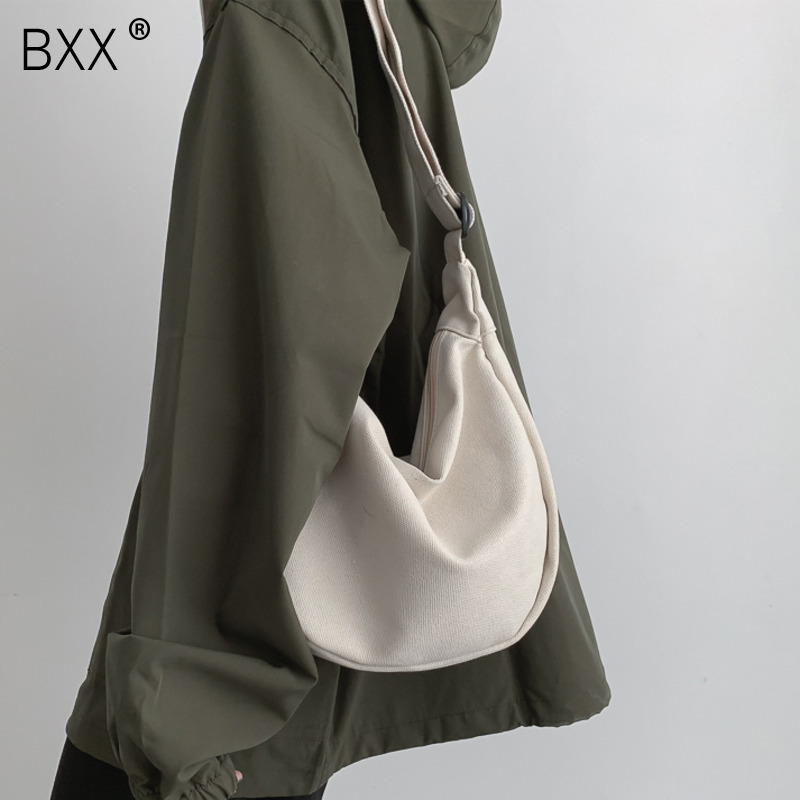 [BXX] solide couleur toile Crossbody Dumplings sacs pour femmes Simple décontracté messager sac à bandoulière femme sacs à main HK126
