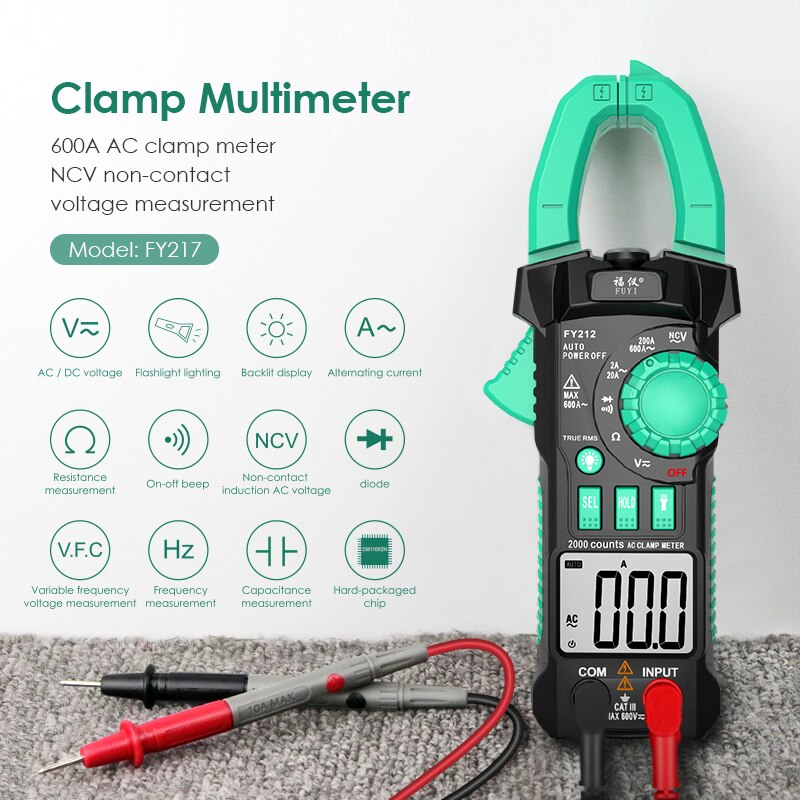 Mastfuyi FY212 / FY217 Digital Clamp Meter 600A AC Current AC/DC Voltage True RMS Auto Range VFD Capacitance NCV Tester Ammeter
