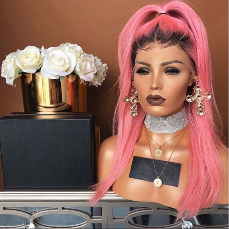 Dlme lang lige syntetisk blonde paryk til sorte kvinder varmebestandigt hår ombre pink paryk 13 x 4 blonde størrelse