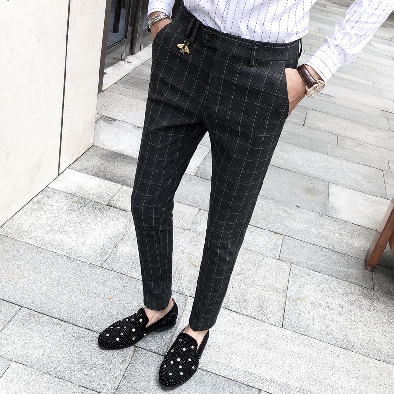 Zomer Plaid Broek Heren Pantalones Hombre Formele Broek Voor Heren Dress Broek Mens Business Vestido Sociale Broek Office Slim: Black / 30