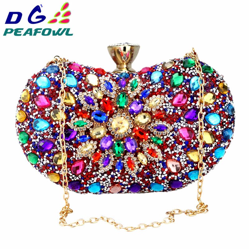 DG PEAFOWL 5colors Two Side Luxury Crystal Floral Clutch Chain Bag Evening Woman Diamond Wedding Shoulder Wallet Purse Handbags: red-mixed