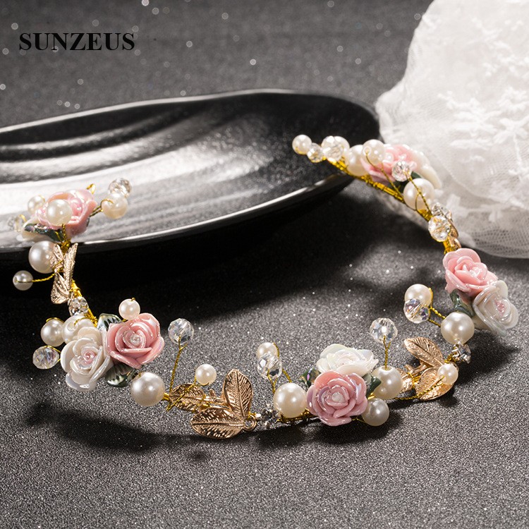Bridal Hoofdband Met Roze Bloemen handgemaakte Kristal Parels Haarband Bruiloft Chain SQ0283