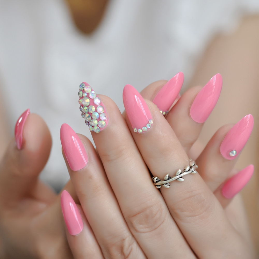 Faux Ongles blancs, à paillettes, ombrés, pointes Stiletto, personnalisés, avec strass et nœud papillon pour décoration: L5275