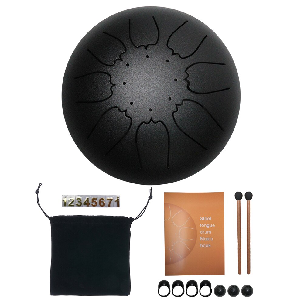 Tong Drum 6 Inch Staal Tong Drum Set 8 Tune Hand Pan Drum Met Drumsticks Draagtas Slaginstrumenten: Black