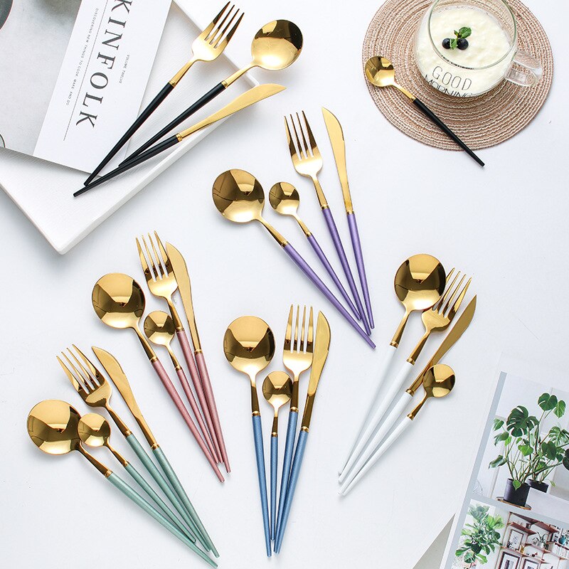 4PC Gold Travel Portable Tableware Cutlery Set 304 Stainless Steel Cheap Black Flatware Food Service Dinnerware Dinner Set