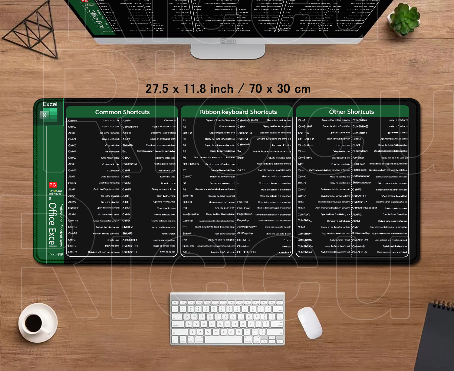 Große erweiterte Bürocomputer-HD-Schreibtischunterlage Riccu Excel Shortcuts Mauspad Xxl-Tastatur-Mauspad mit rutschfester Basis mit genähtem Rand