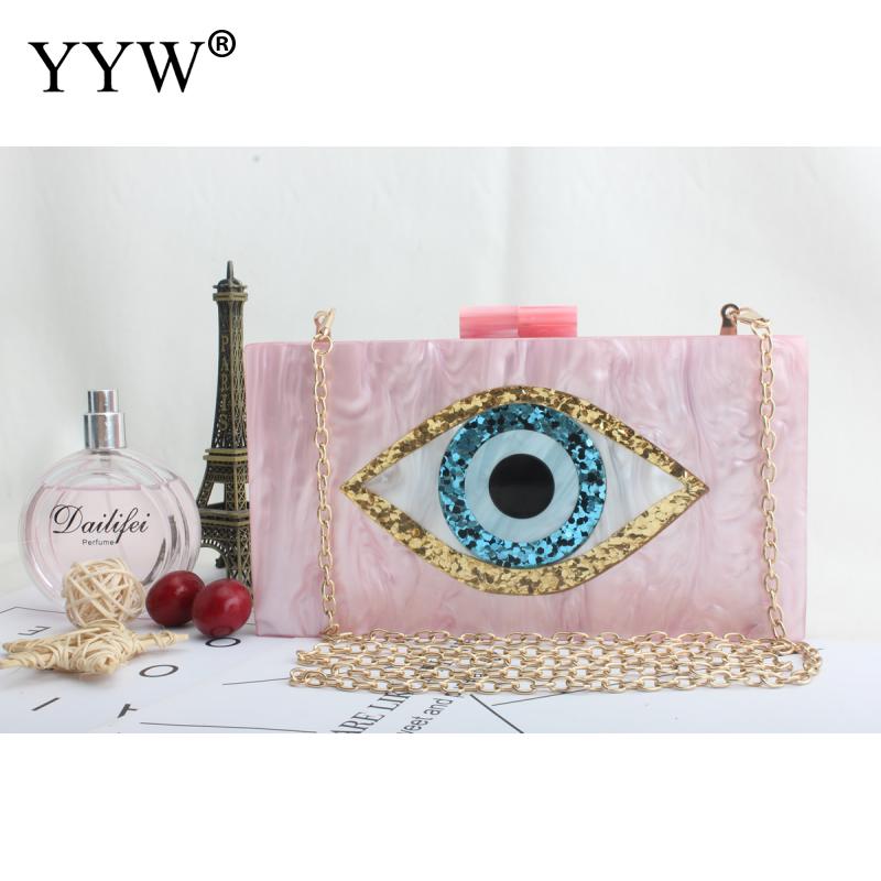 Clutch-tassen met ogenpatroon voor vrouwen, schoudertassen van acryl, casual ketting-crossbodytas, tas met harde ondergrond: Roze